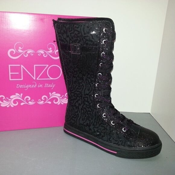 ENZO ANGIOLINI Black Sequin Lace Up Sneaker Boots - Picture 1 of 6